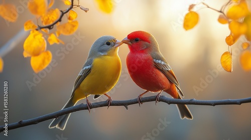 Two colorful finches perched closely on a branch with berries in a vivid autumn setting.