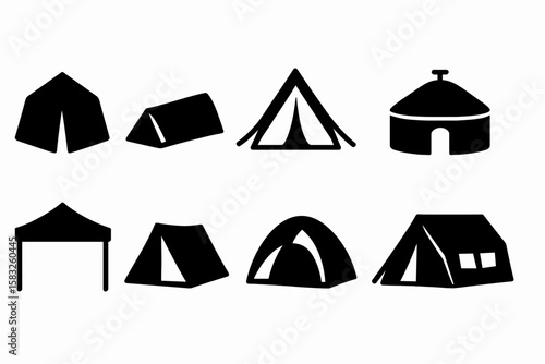 Camping, outdoors silhouette icon set: tents, gear, nature essentials