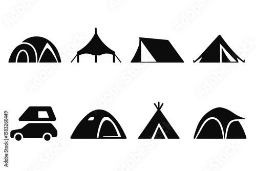 Camping silhouette icon set. outdoor adventure, tent collection in silhouette style