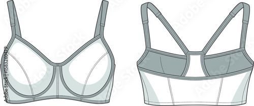 women bra, lingerie, seamless bra design, fashion flat sketch, technical drawing, comfortable support, adjustable strap, undergarment, stylish design