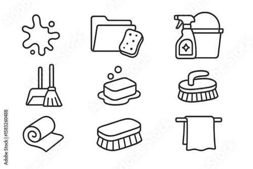 Cleaning tools outline icon set. brushes, sprays, wipes collection for hygiene