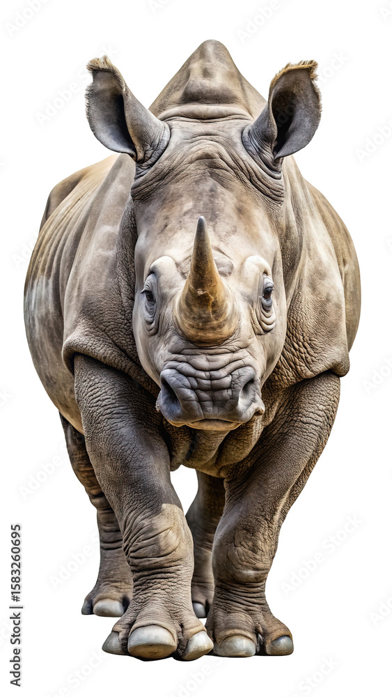 Obraz premium A majestic rhinoceros with a prominent horn and textured skin is captured head on isolated on transparent background