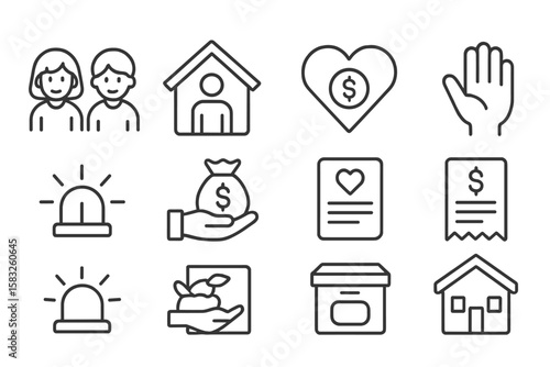 Charity and donation line icon set. helping hands, giving, heart icons collection
