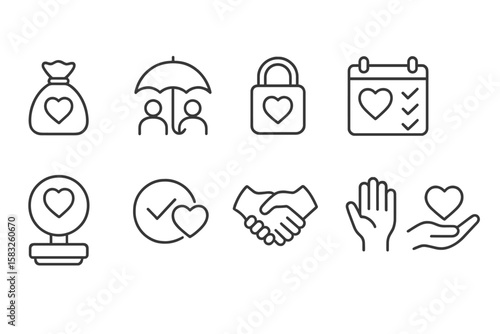 Charity and donation line icon set. essential fundraising and volunteer icons