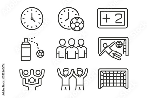 Sports events line icon set. scoreboard, team, goalkeeper, celebration icons