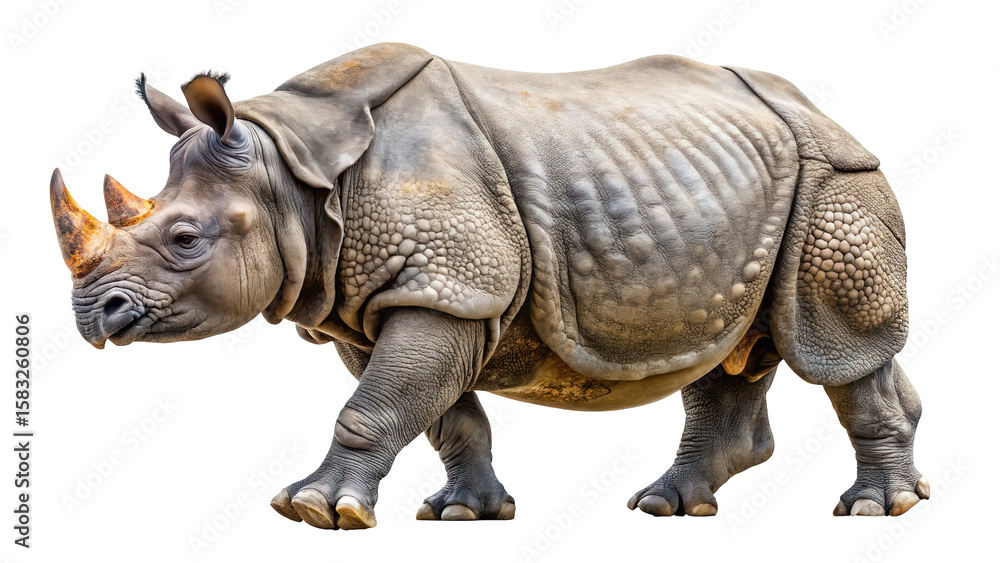 Fototapeta premium A powerful rhinoceros with a textured grey hide and a sharp horn walks with its head turned to the side isolated on transparent background