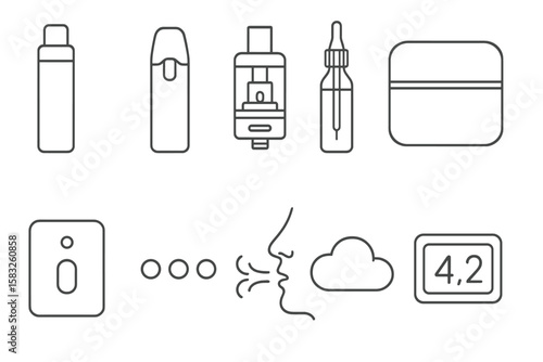 Vaping, vape devices line icon set: coils, battery, smoke elements in outline style