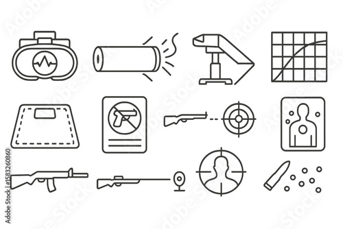 Gun training and shooting range line icon set. learning, safety, target icons outline