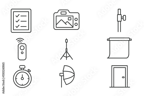 Photography equipment outline icon set: camera, studio, lighting, gear