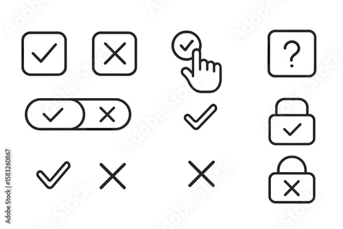 Check and cross mark line icon set. verification, rejection symbols collection