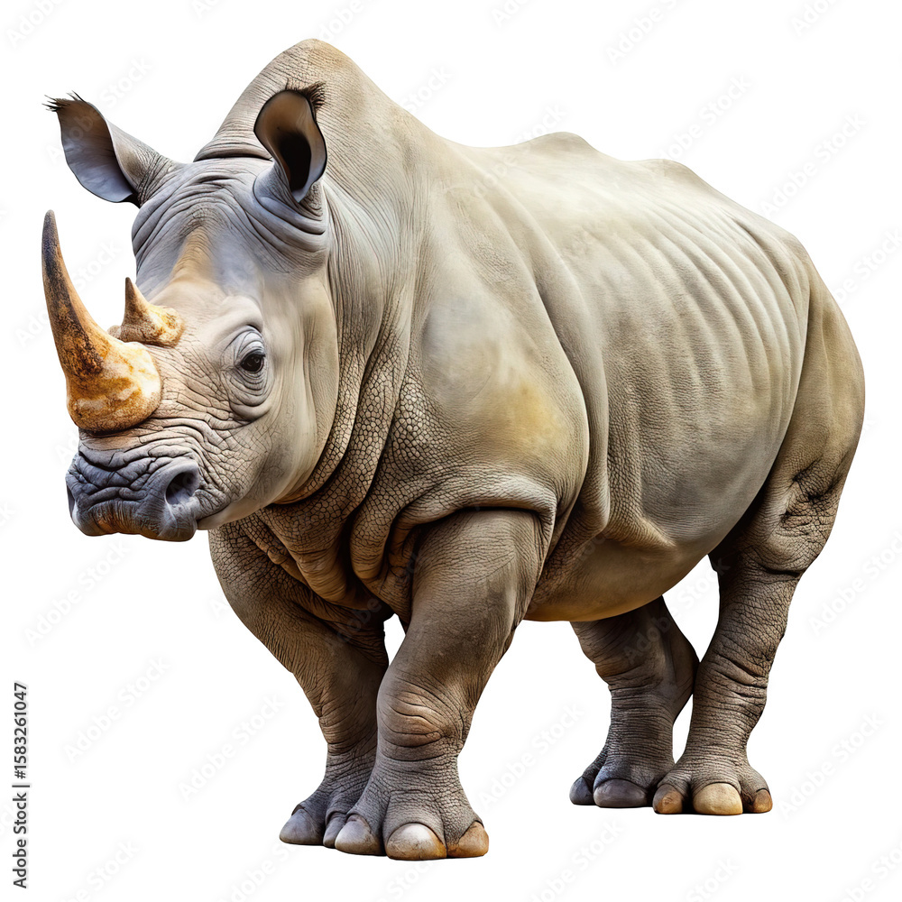 Fototapeta premium Majestic white rhinoceros standing proudly with its iconic horns on a transparent background isolated on transparent background