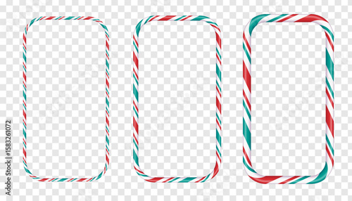 Rectangular Christmas frame with red and white striped lollipops. Festive border design with striped lollipop pattern. Empty festive template for Christmas and New Year. Vector on white background