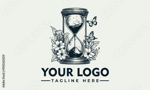 Elegant hourglass logo design, adorned with flowers and butterflies, symbolizing the fleeting nature of time.