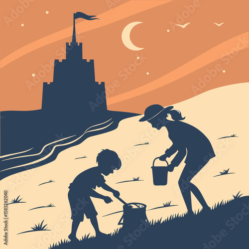 Silhouette of kids building a sandcastle on the beach in black vector style. Perfect for summer themes, vacation graphics, children’s activities, beach posters, travel designs