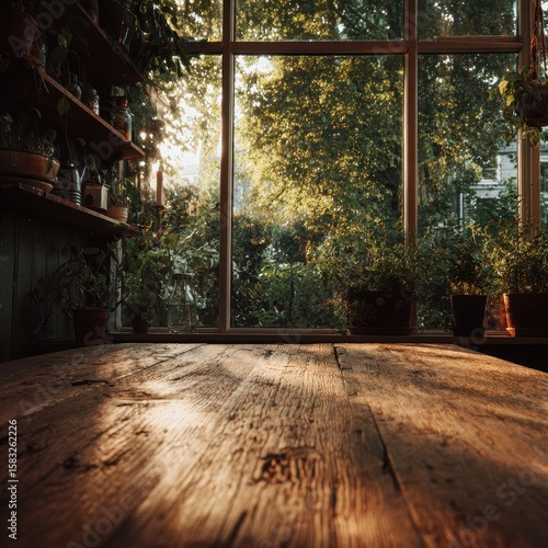 Wooden table, sunlight, garden view through large window