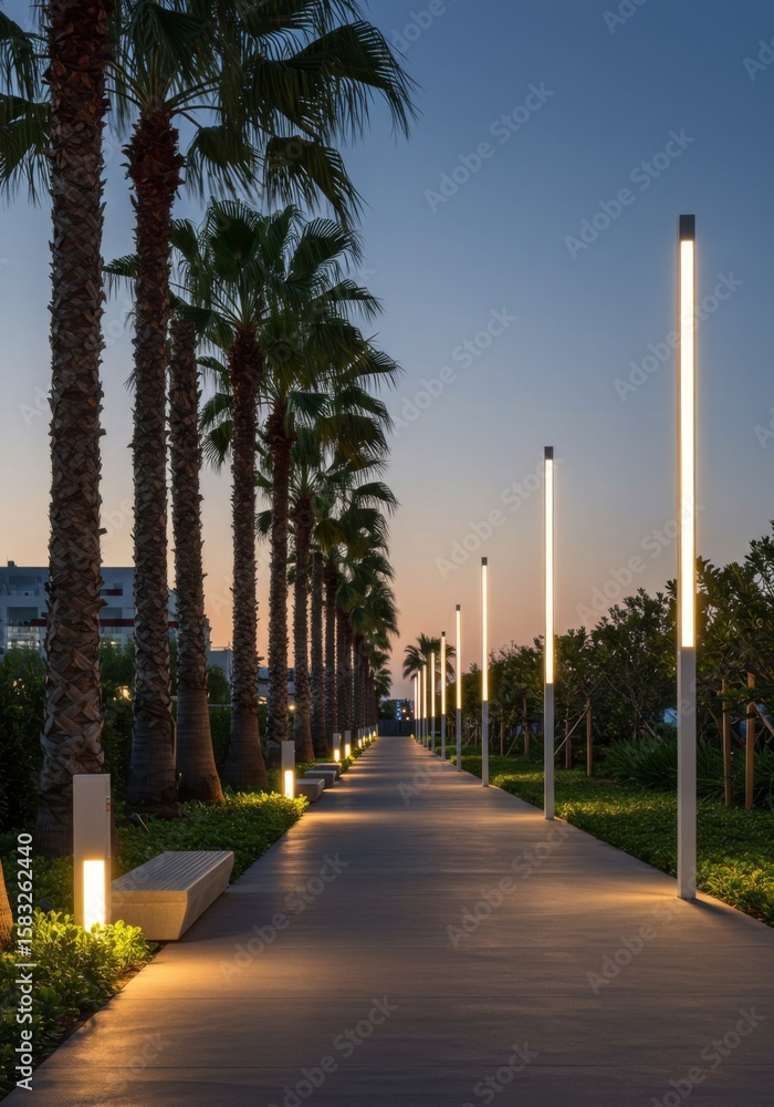 Obraz premium Illuminated Walkway with Palm Trees at Dusk