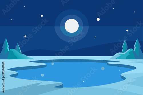 frozen lake surface glowing under soft moonlight