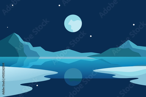 frozen lake surface glowing under soft moonlight