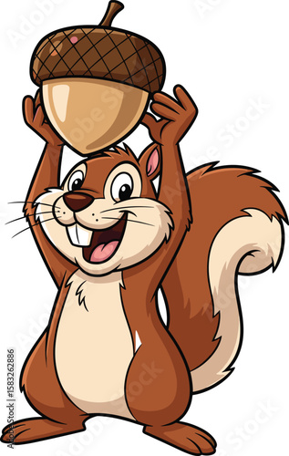 Happy Squirrel Holding Acorn: A Delightful Cartoon Illustration of Nature's Joyful Forager, Perfect for Children's Books and Autumn Themes.