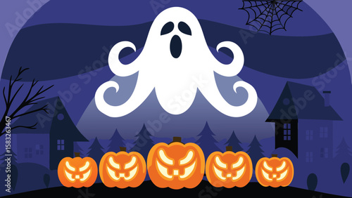 Halloween scene featuring a ghost hovering over pumpkins in front of spooky houses at night time