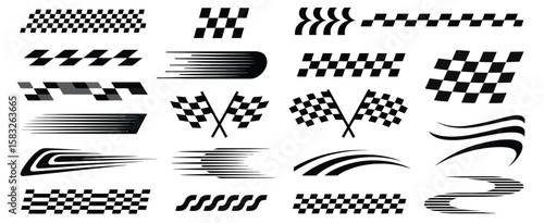Racing Stripes and Checkered Flag Elements Vector Set Featuring Speed Lines and Car Decals