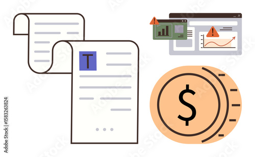Documents, data charts with alerts, and a coin representing budgeting, financial analytics, and risk management. Ideal for business, accounting, fintech, finance planning auditing expense tracking
