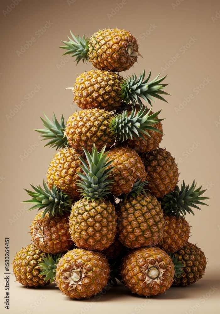 Pineapple Pyramid: Golden Tropical Fruit Stack Against Beige Background Pineapple Pyramid: Golden Tropical Fruit Stack Against Beige Background