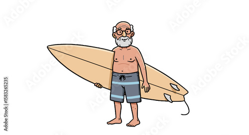 Elderly man standing with surfboard and wearing swim shorts by beach  