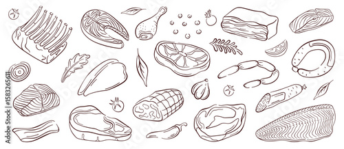 Meat and salmon fish set with steak, sausage, drumstick, bacon, fillet, vegetable, herb and spice in line art style. Perfect for packaging, restaurant menu and culinary themed design.