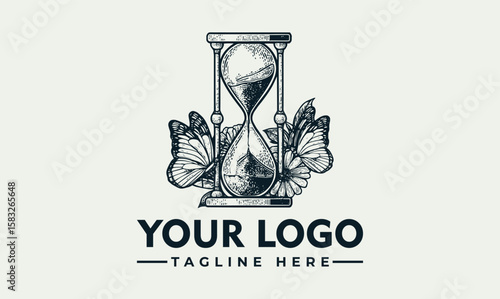Vintage logo design featuring an hourglass with butterflies, symbolizing the passage of time.