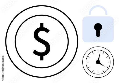 Dollar sign inside a circle, lock symbolizing security, and clock denoting time. Ideal for savings, financial management, investment, time value, security systems, business strategy simple flat