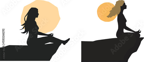 Peaceful meditation silhouettes grace the cliffside, set against a serene backdrop of sun, offering spiritual tranquility and perfect for wellness and mindful projects or design needs.