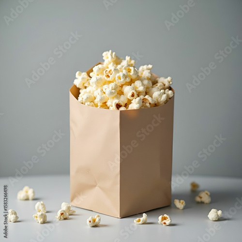 Popcorn in paper bag on grey background.