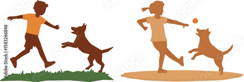 A playful children graphic features a boy and a girl interacting with their dogs in outdoor scenes, perfect for family-friendly designs, pet-related content, or children's books.