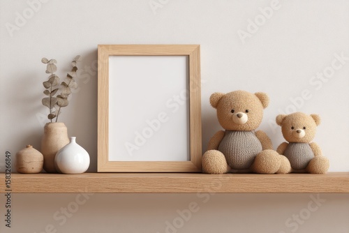 Minimalist display of teddy bears and vases with dried leaves on a wooden shelf