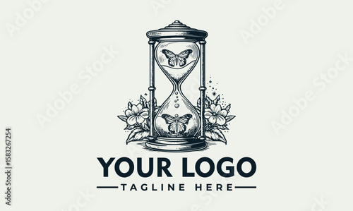 Intricate illustration of an hourglass with butterflies and floral embellishments, a logo concept.
