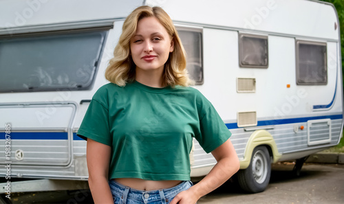 blonde girl in a green t-shirt. In the background is a white trailer