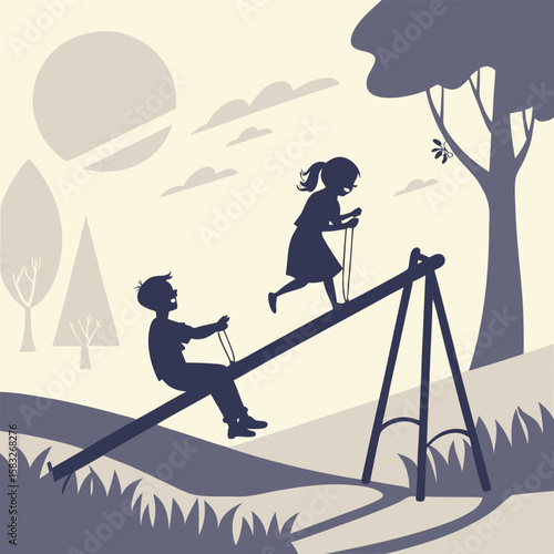 Black silhouette vector of two kids playing on a seesaw. Perfect for children’s activity themes, playground designs, educational materials, daycare branding.