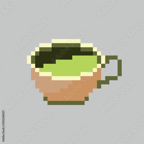 Pixel art vector illustration. Healthy drink pixel art icon. Cozy pixel matcha moment. Pixel art matcha tea cup. Retro matcha cup. 