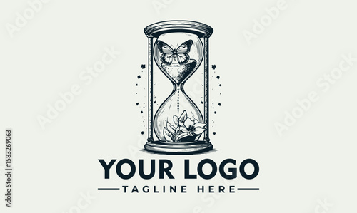 Elegant hourglass logo design featuring a butterfly and floral elements, symbolizing the fleeting nature of time and beauty.