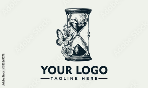 Detailed illustration of an hourglass with butterflies and flowers, representing time.