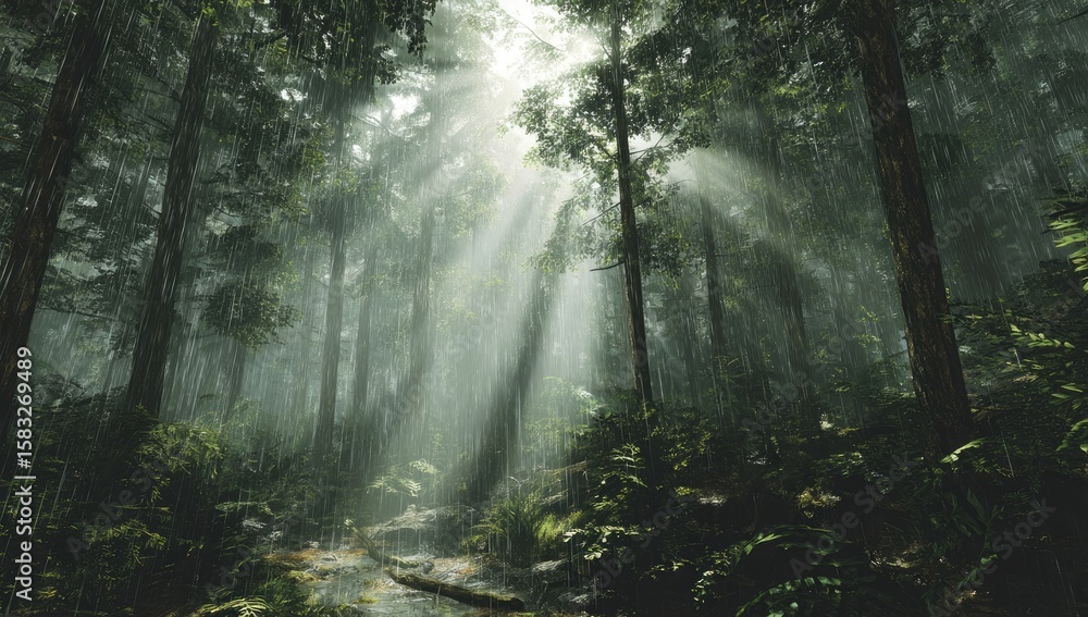 Fototapeta premium Sunlight streams through a misty, rain-soaked forest. Lush greenery, tall trees, and a gentle stream create a serene atmosphere