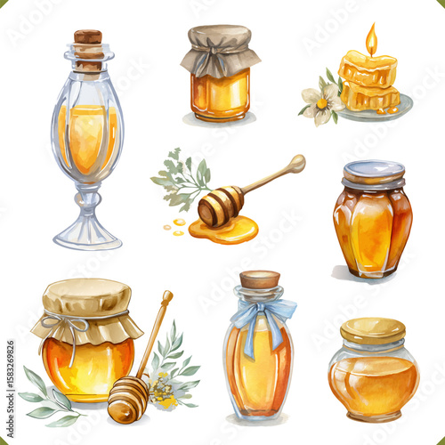 Set of vector illustration of wax decorative burning candles and jars of honey, isolated on white background