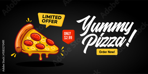 pizza poster. Pizza Flyer Social Media ad Design illustration vector in black background with typography. Fun cartoon style of pizza banner background 