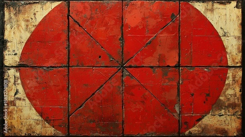 Geometric abstract artwork of a large red circle within a grid of segments.