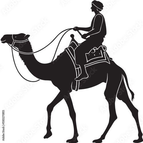An isolated black vector silhouette of a horse and rider depicts a dynamic equestrian sport