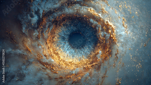 A cosmic eye observes the vastness of space, encircled by swirling galaxies and vivid nebulas, creating a mesmerizing vision of cosmic mystery and ethereal beauty