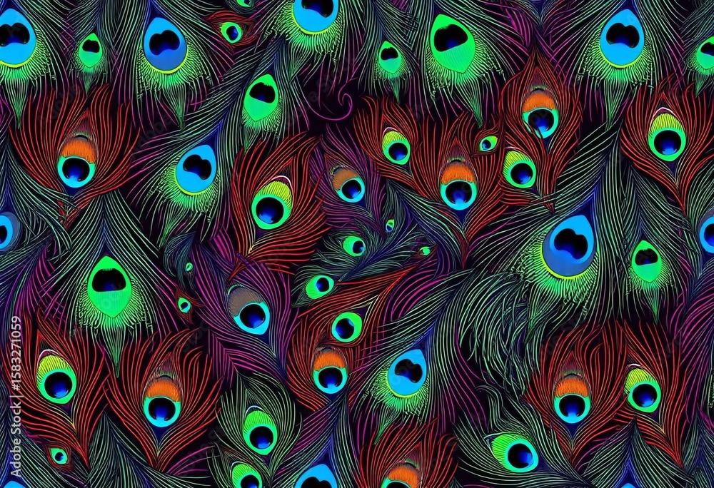 Obraz premium Horizontal seamless pattern of vibrant peacock feathers in vector format, texture, horizontal
