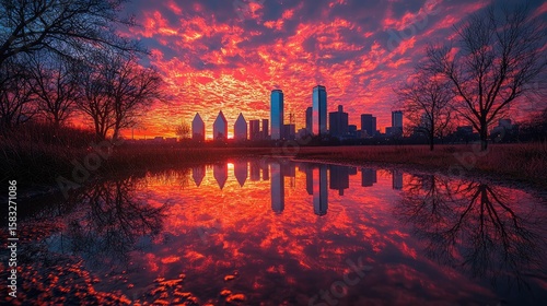 Vivid sunrise over a city reflected in a tranquil pool of water.