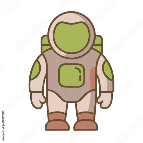 Cartoon astronaut character in green and beige space suit  